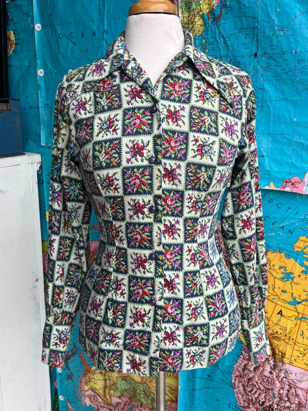 VINTAGE TEM TEX Western Sportswear Floral Grid Button-Down Shirt